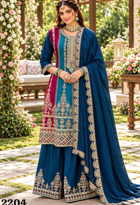 Multi Colour Chinon Embroidered, Sequins and Zari Work Ceremonial Salwar Suit